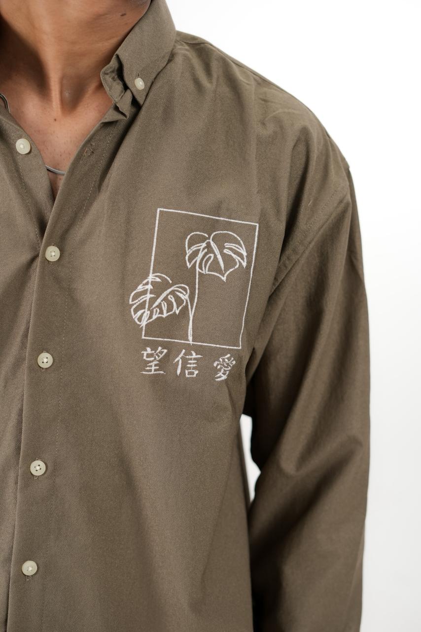 Olive Brown Drop Shoulder Print Shirt