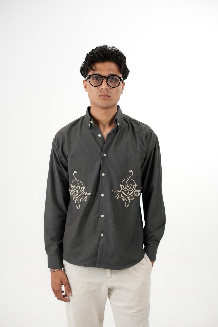 Grey Drop Shoulder Twin Embroidery Shirt