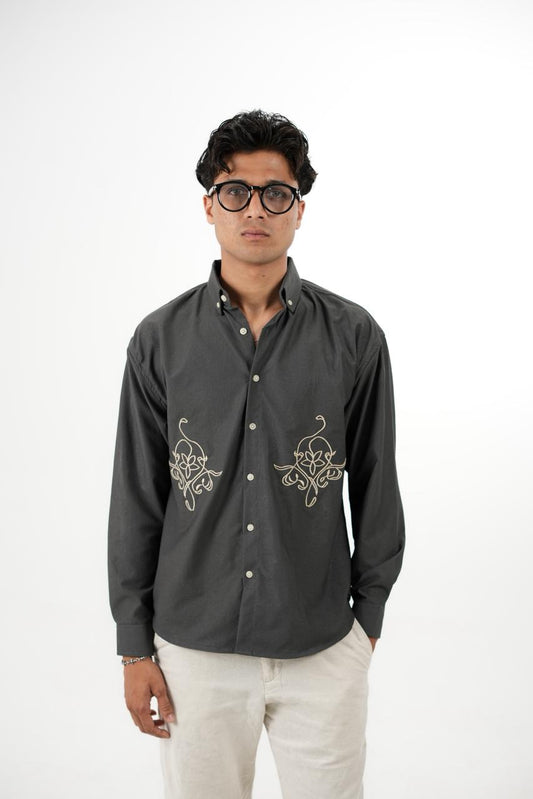 Grey Drop Shoulder Twin Embroidery Shirt