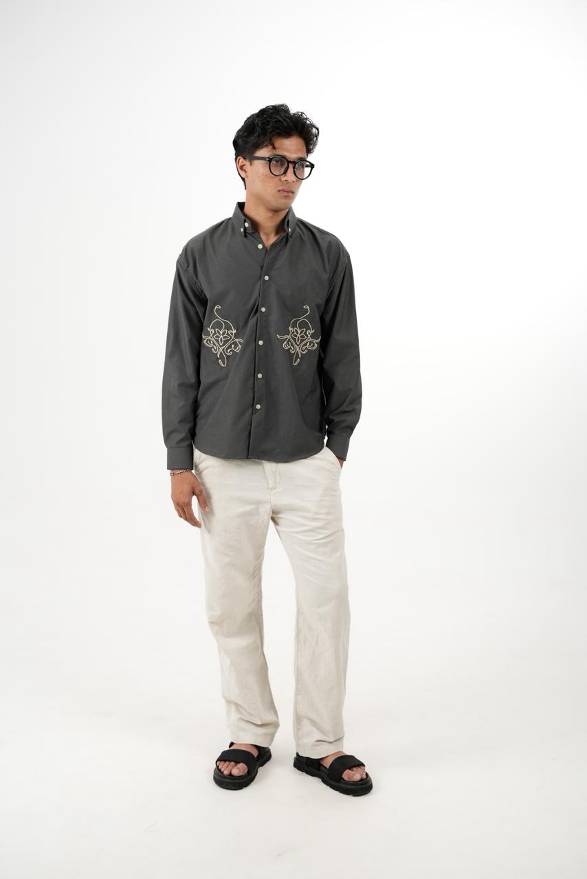 Grey Drop Shoulder Twin Embroidery Shirt