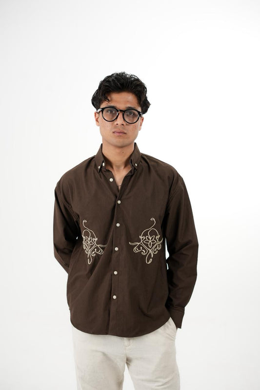 Brown Drop Shoulder Twin Embroidery Shirt