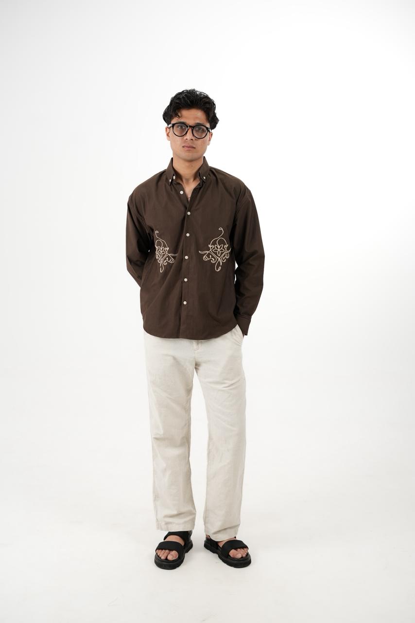 Brown Drop Shoulder Twin Embroidery Shirt