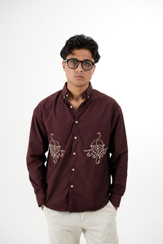 Meroon Drop Shoulder Twin Embroidery Shirt