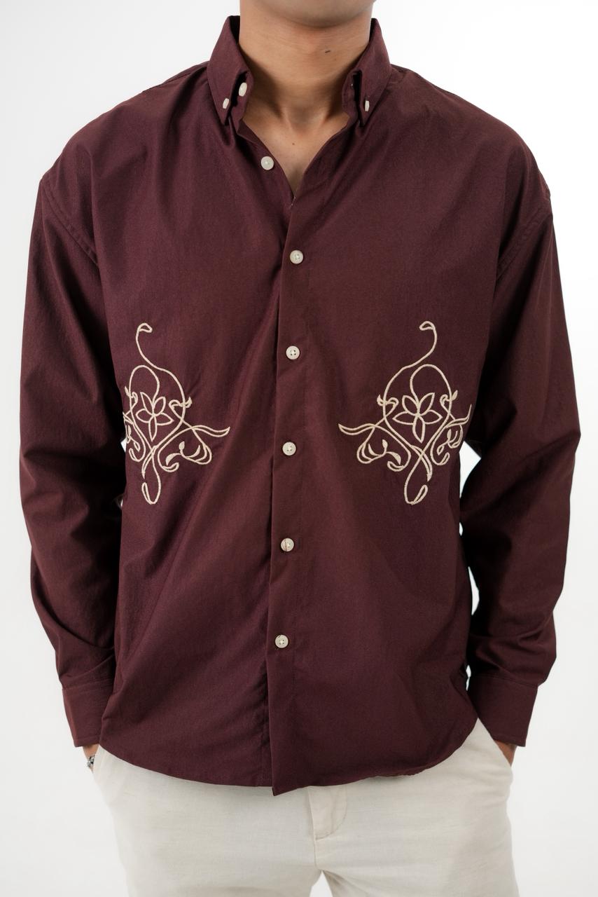 Meroon Drop Shoulder Twin Embroidery Shirt