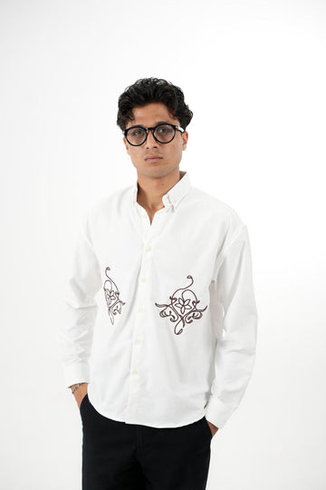 White Drop Shoulder Twin Embroidery Shirt