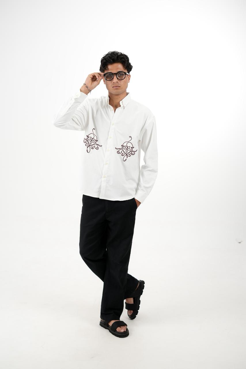 White Drop Shoulder Twin Embroidery Shirt