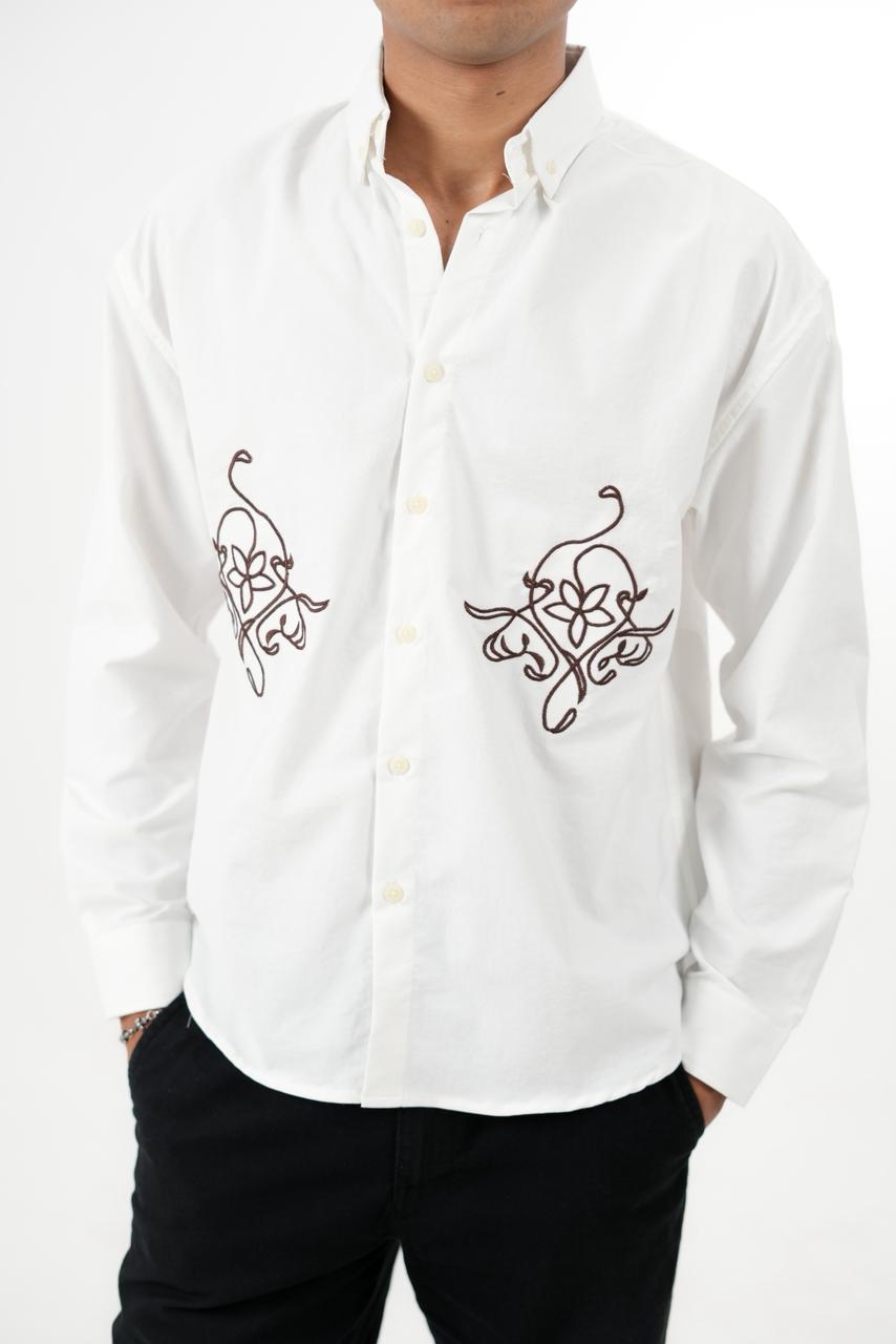 White Drop Shoulder Twin Embroidery Shirt