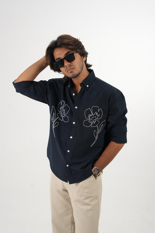Navy blue Oxford Stripe Shirt with embroidery
