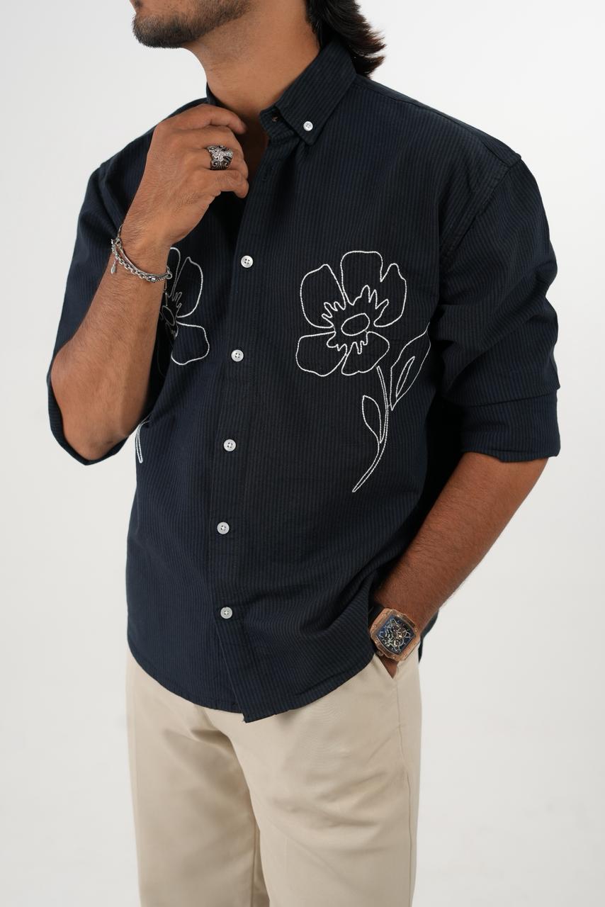 Navy blue Oxford Stripe Shirt with embroidery