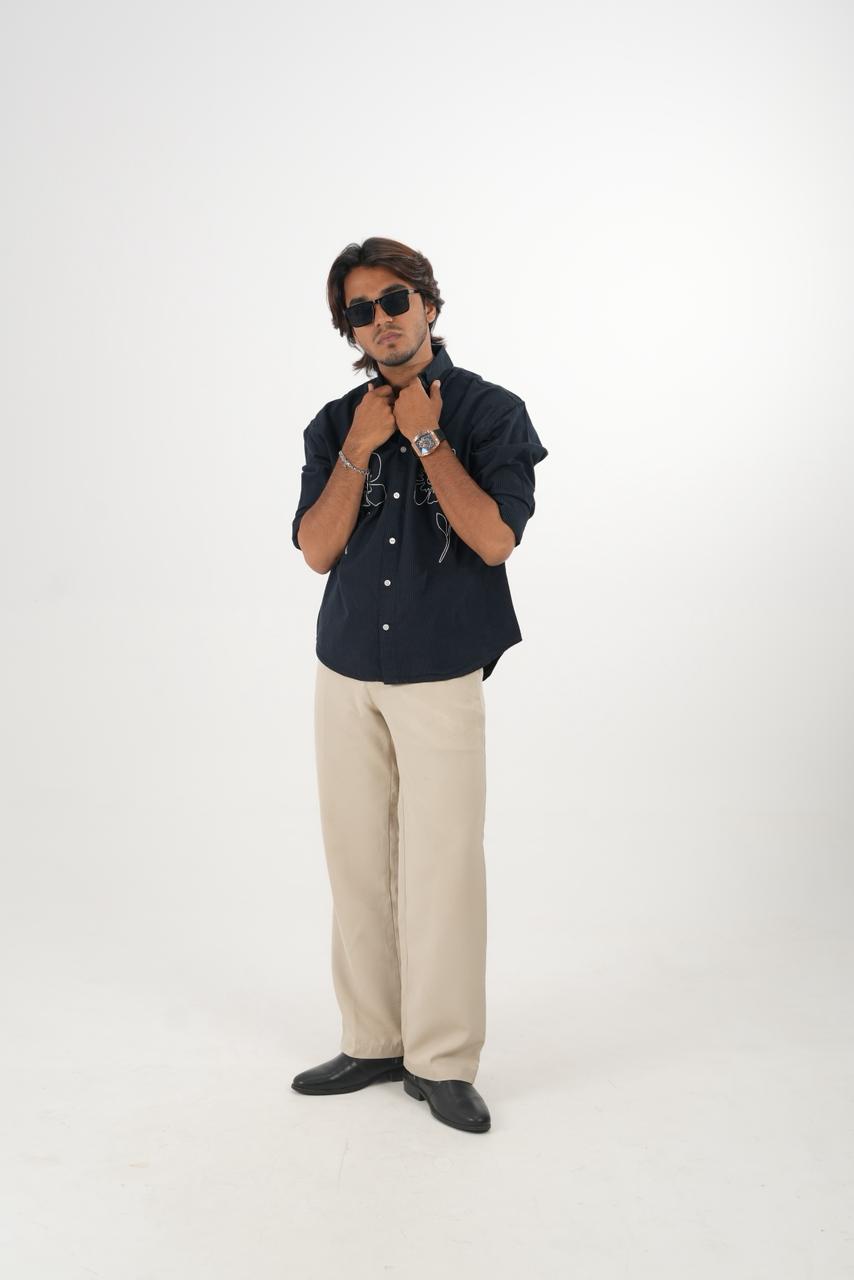 Navy blue Oxford Stripe Shirt with embroidery