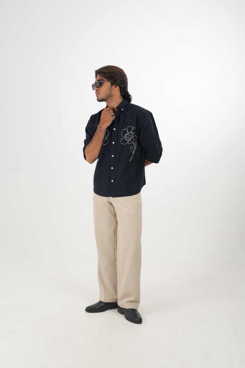Navy blue Oxford Stripe Shirt with embroidery