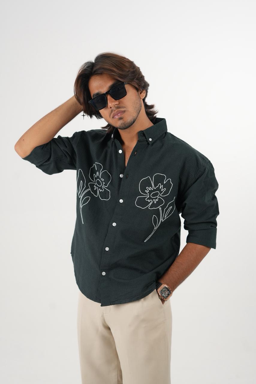 Black Oxford Stripe Shirt with embroidery