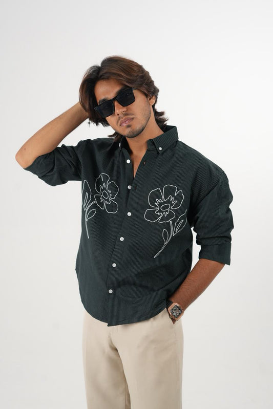 Black Oxford Stripe Shirt with embroidery