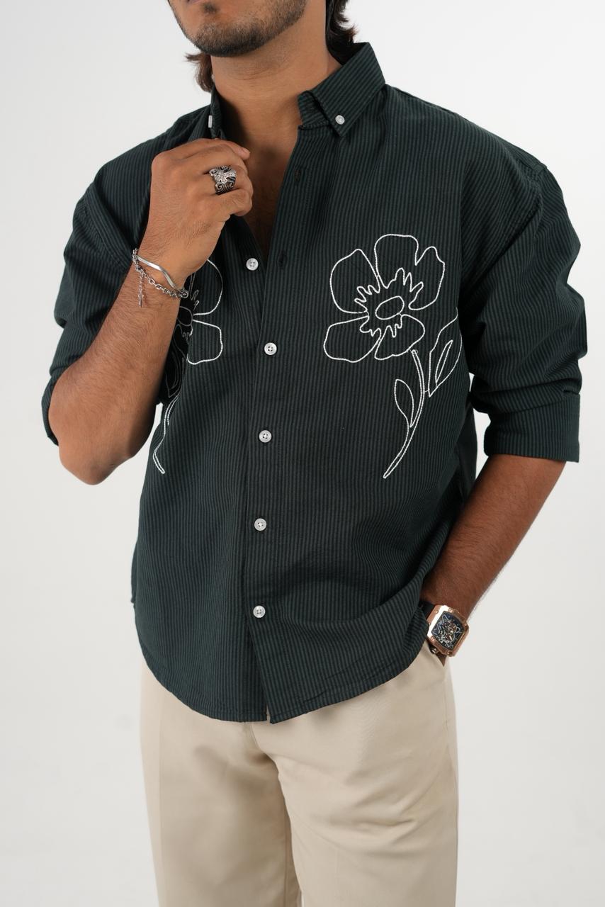 Black Oxford Stripe Shirt with embroidery