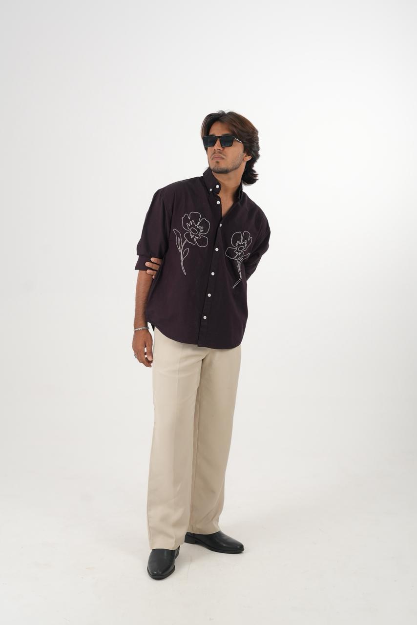 Meroon Oxford Stripe Shirt with embroidery