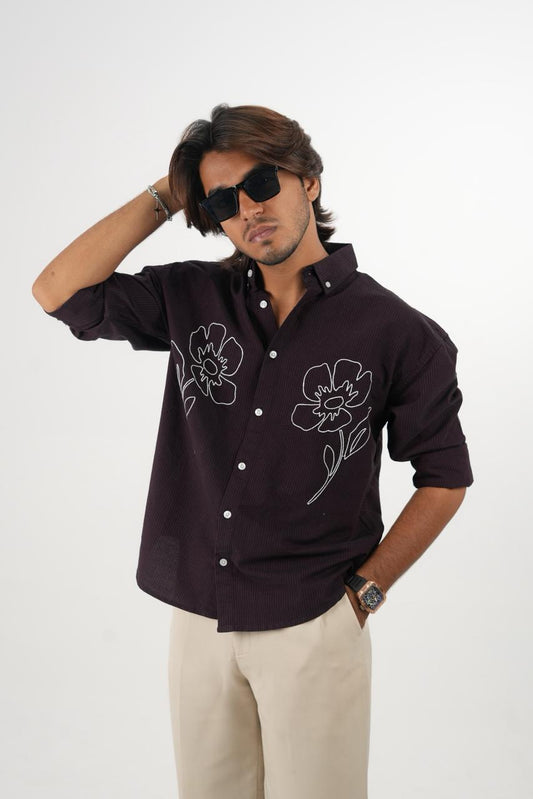 Meroon Oxford Stripe Shirt with embroidery