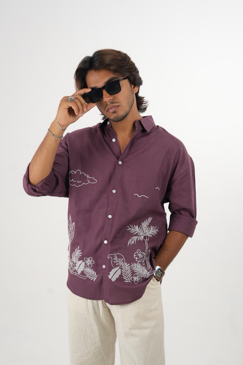 Plum Oversized Drop Shoulder Embroidered Linen Shirt