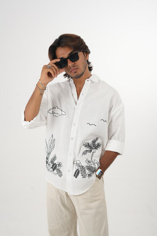 White Oversized Drop Shoulder Embroidered Linen Shirt
