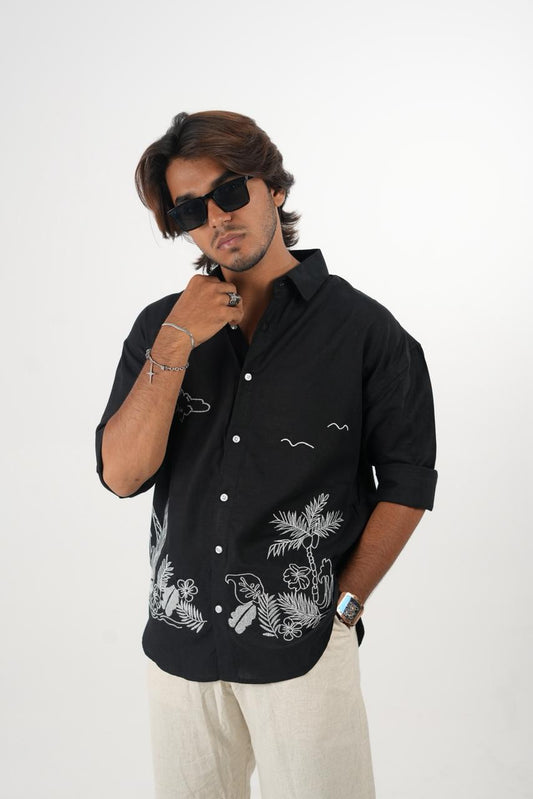 Black Oversized Drop Shoulder Embroidered Linen Shirt