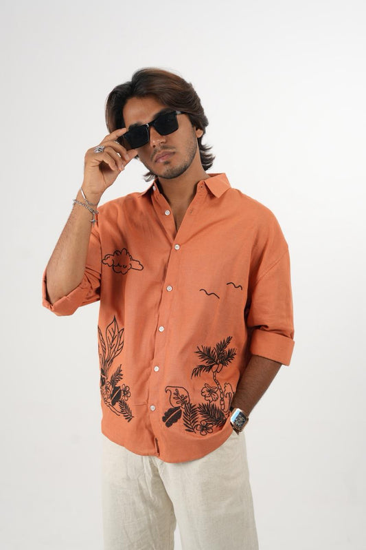Rust orange Oversized Drop Shoulder Embroidered Linen Shirt