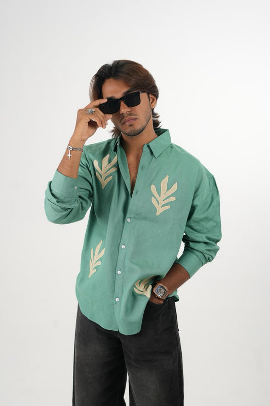 Sea Green Oversized Linen Shirt with embroidery