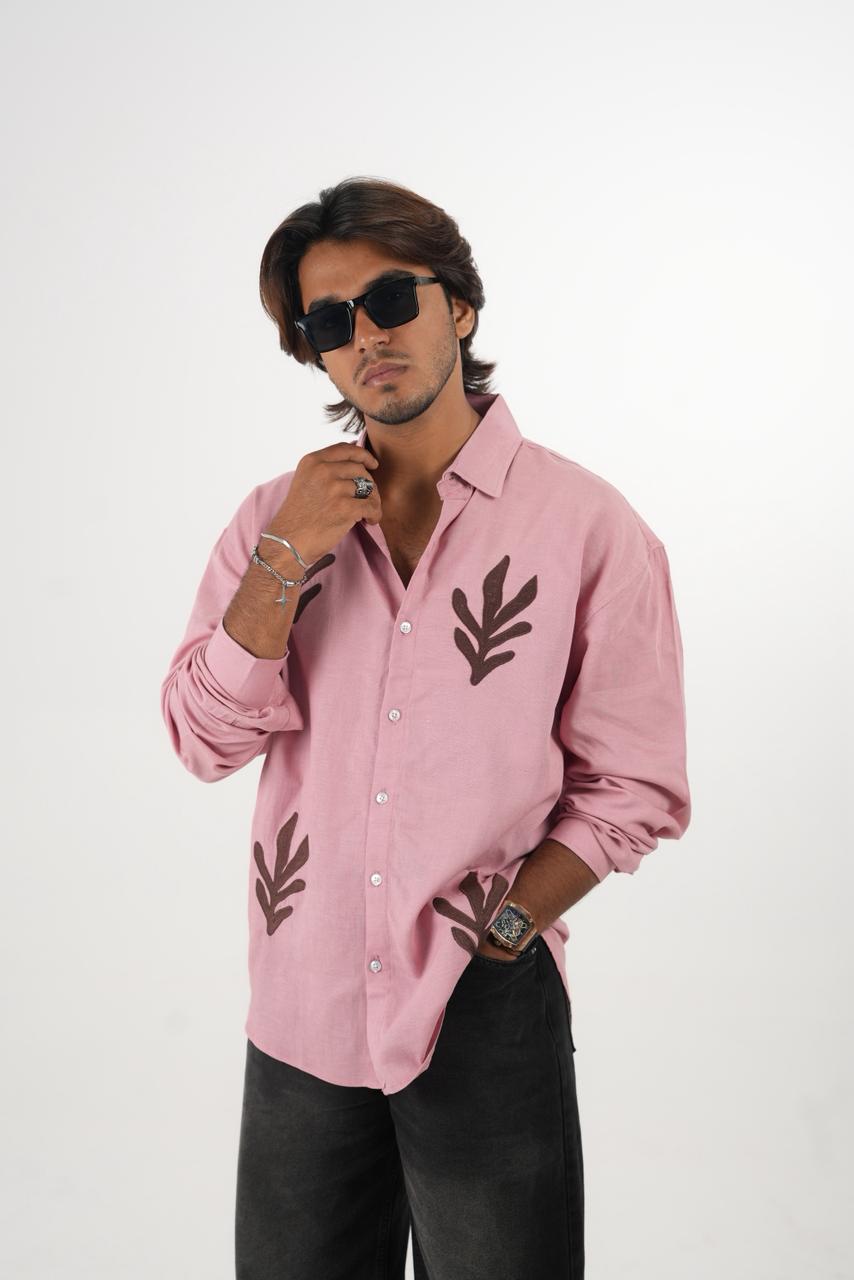 Dusty Rose Oversized Linen Shirt with embroidery