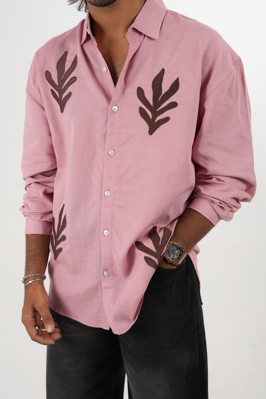 Dusty Rose Oversized Linen Shirt with embroidery