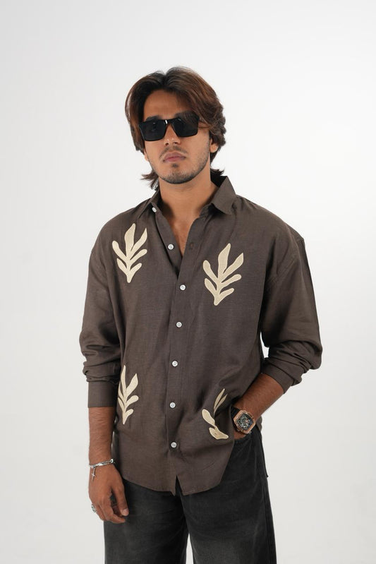 Charcoal Brown Oversized Linen Shirt with embroidery