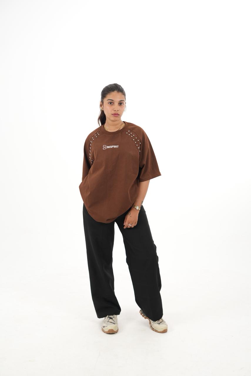 Overseized Drop shoulder Brown tshirt with stone