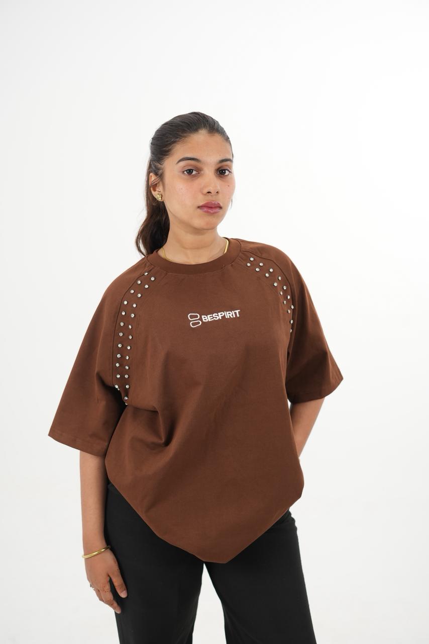 Overseized Drop shoulder Brown tshirt with stone