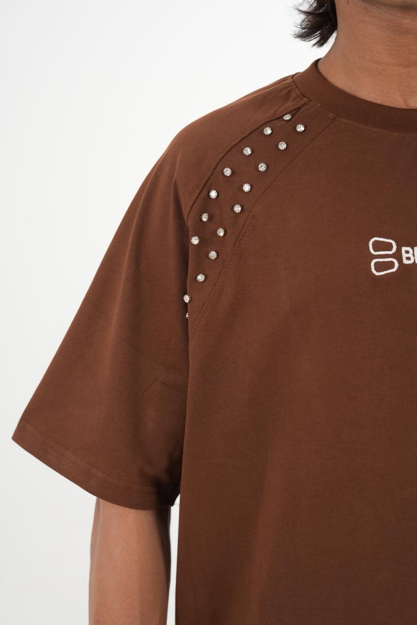 Overseized Drop shoulder Brown tshirt with stone