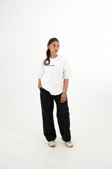 Overseized Drop shoulder White tshirt with stone