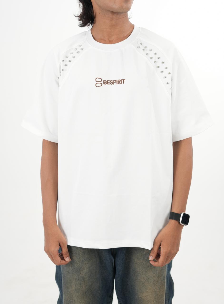 Overseized Drop shoulder White tshirt with stone
