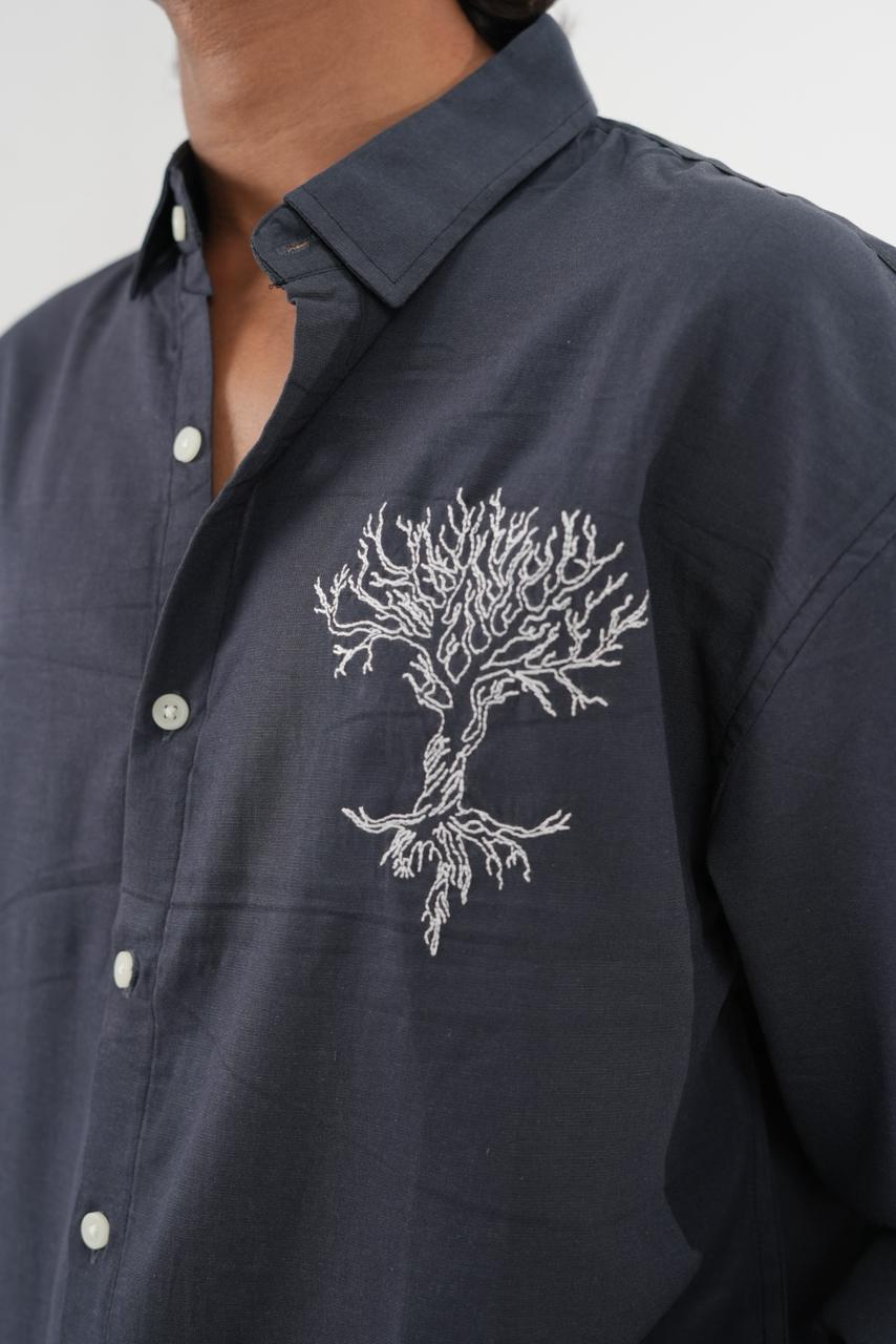 Navy Blue Linen shirt with Embroidery
