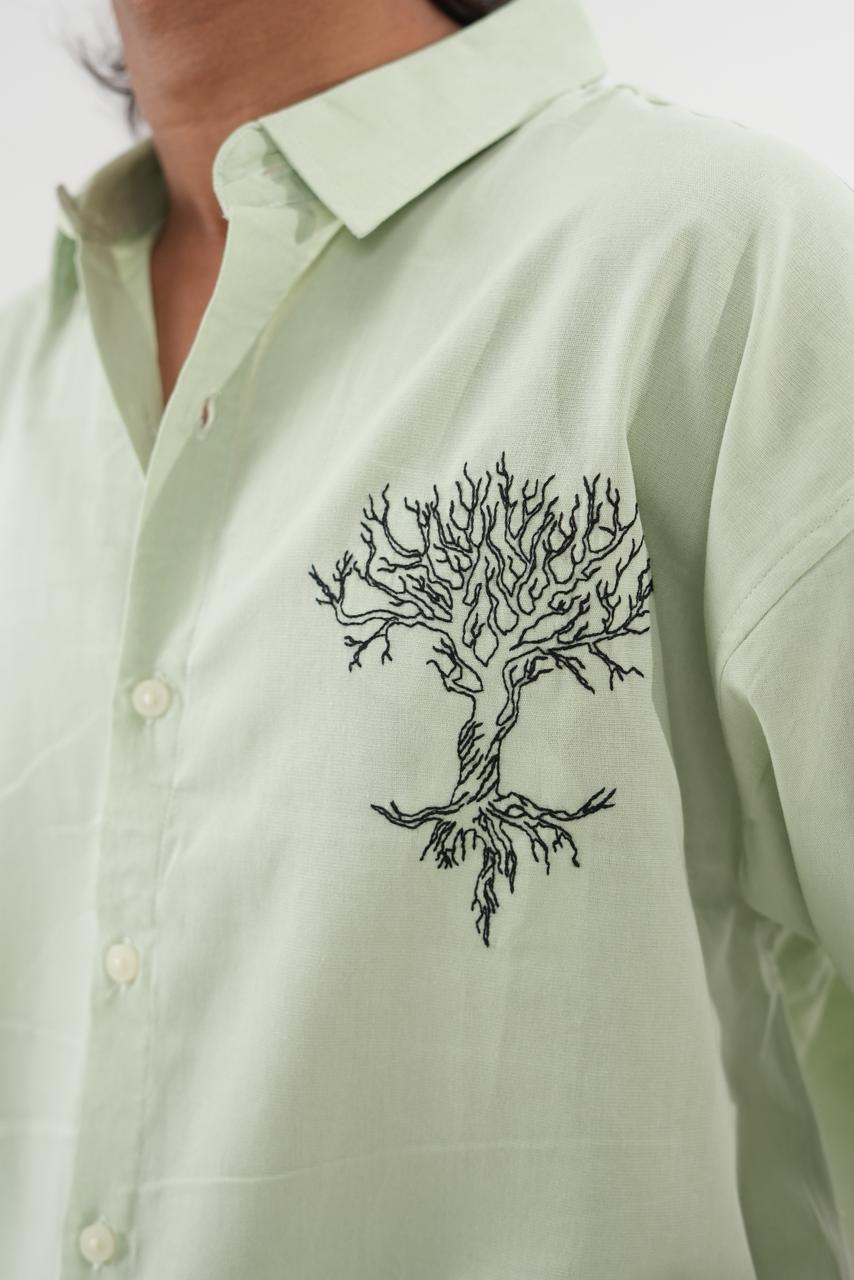 Mint Green Linen shirt with Embroidery