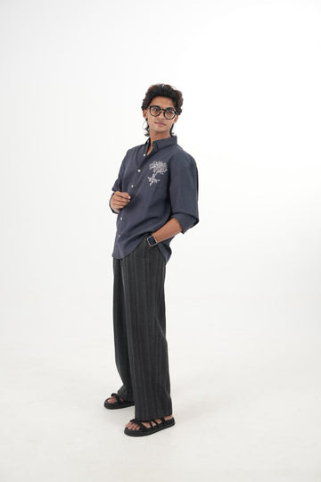 Navy Blue Linen shirt with Embroidery