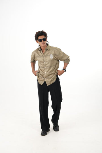 Olive Jaquard design fabric shirt with embroidery