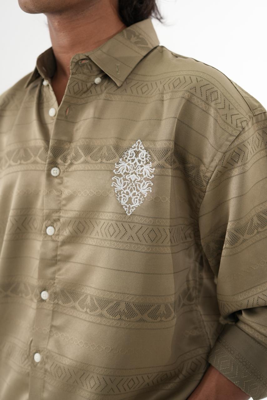 Olive Jaquard design fabric shirt with embroidery
