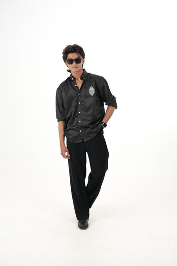 Black Jaquard design fabric shirt with embroidery