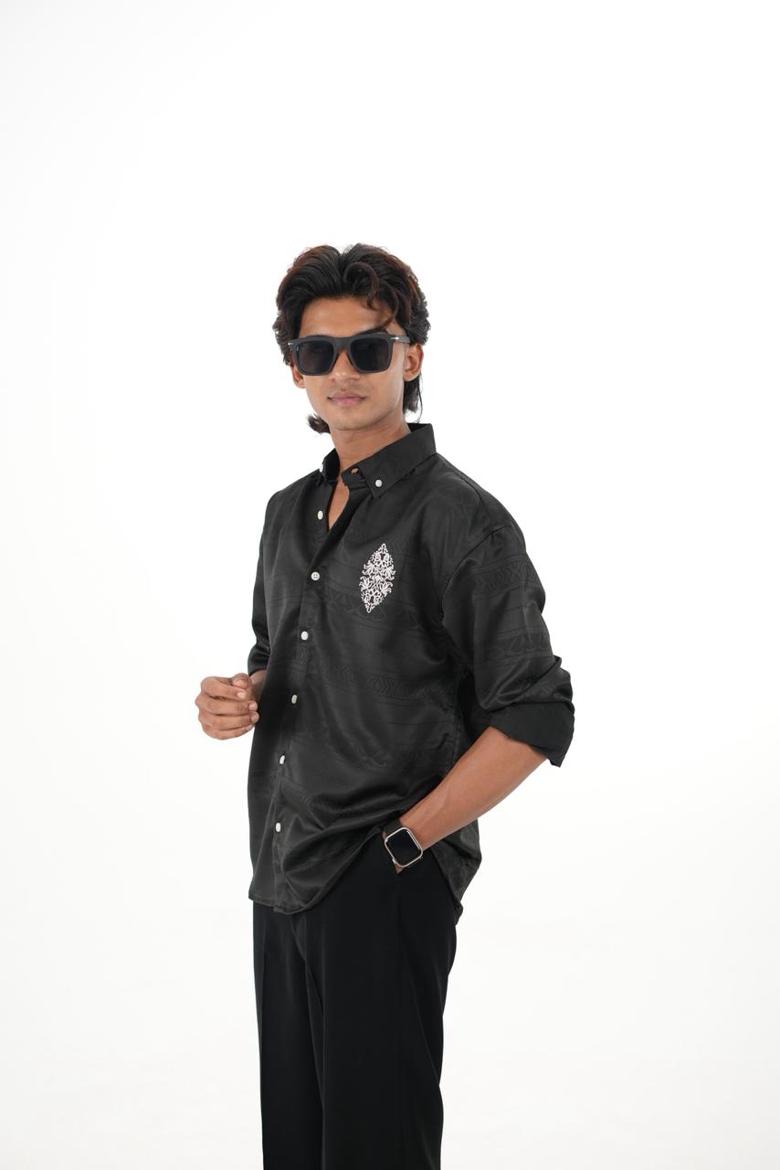 Black Jaquard design fabric shirt with embroidery