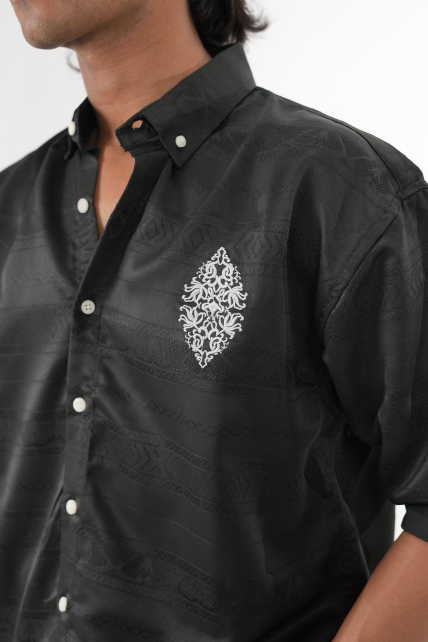 Black Jaquard design fabric shirt with embroidery