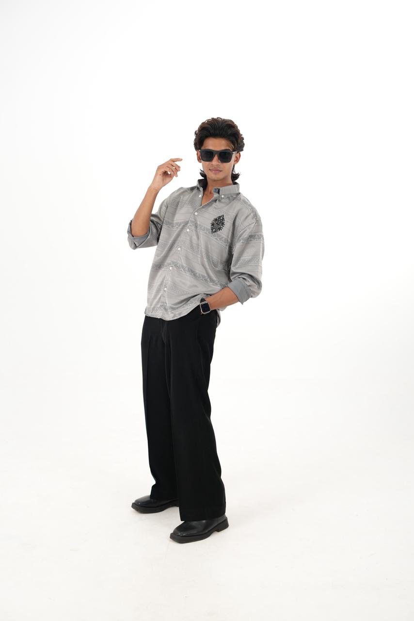 Grey Jaquard design fabric shirt with embroidery