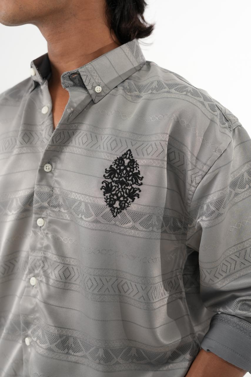 Grey Jaquard design fabric shirt with embroidery