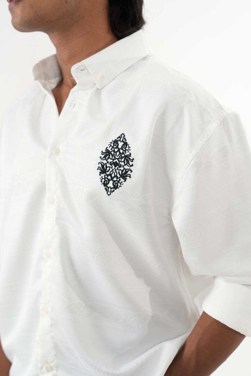 White Jaquard design fabric shirt with embroidery