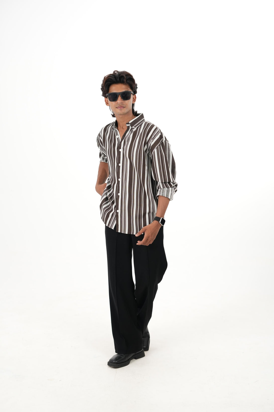Brown Linen Striped Shirt with "Relaxed" Back Embroidery