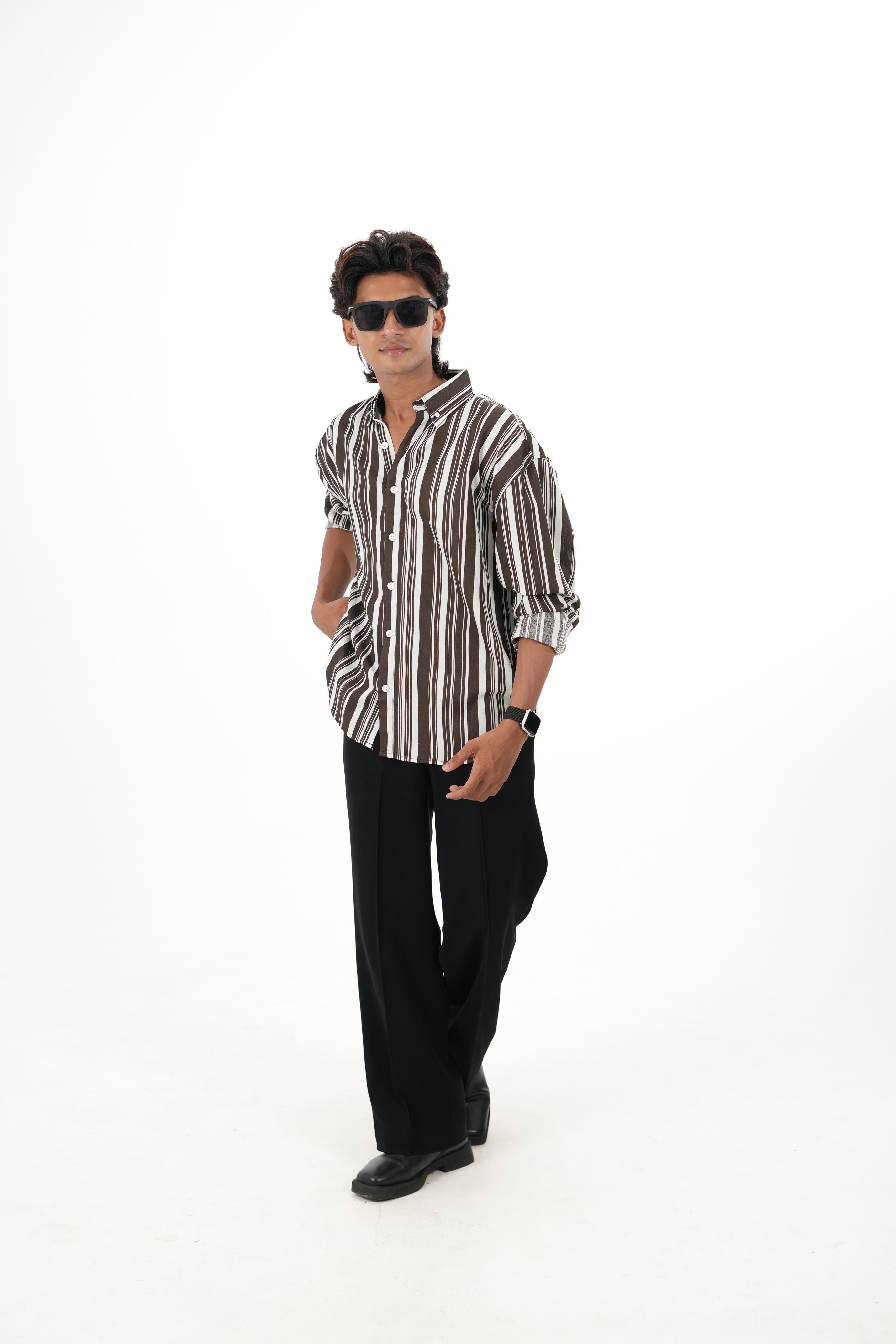 Brown Linen Striped Shirt with "Relaxed" Back Embroidery