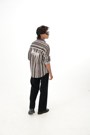 Brown Linen Striped Shirt with "Relaxed" Back Embroidery