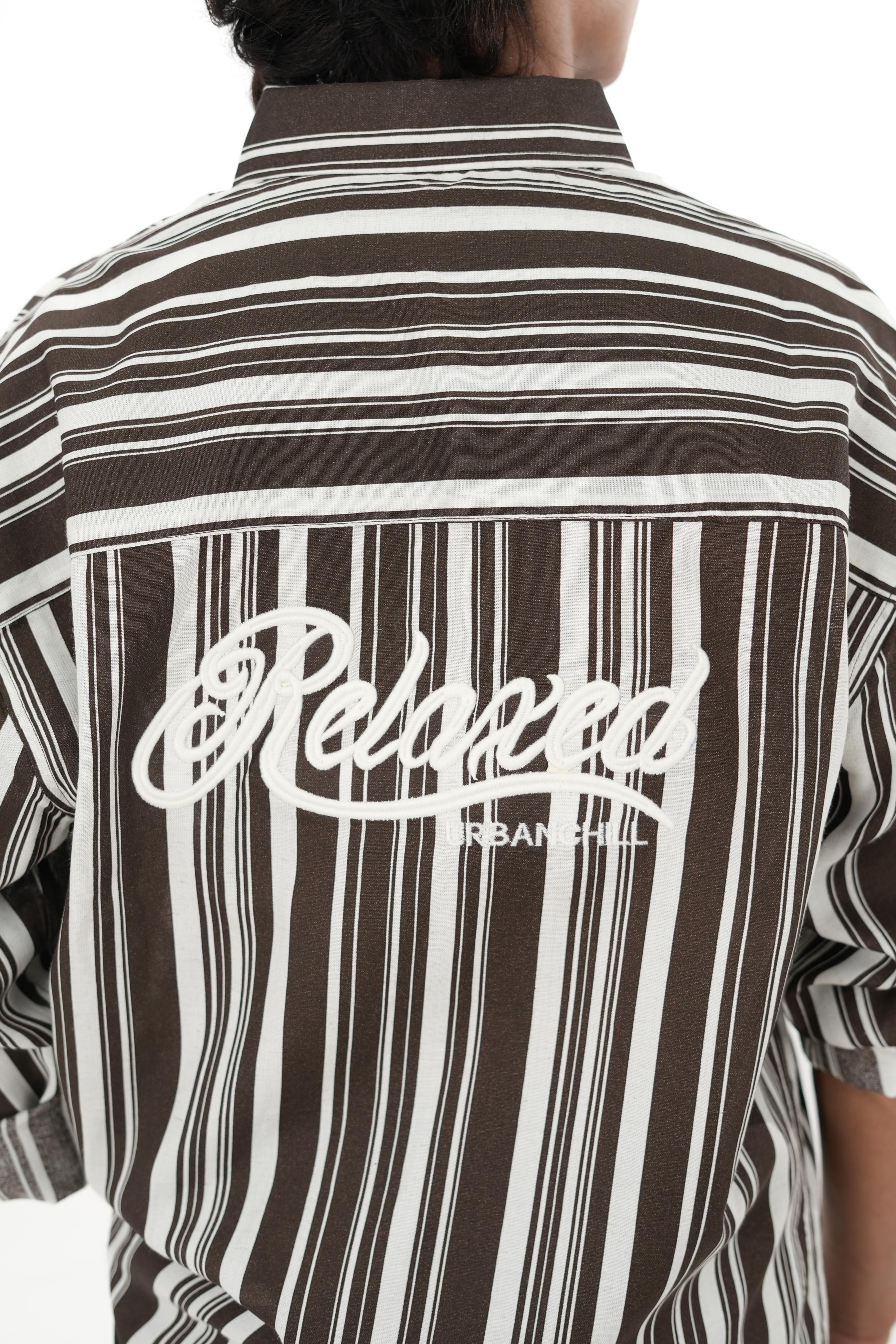 Brown Linen Striped Shirt with "Relaxed" Back Embroidery