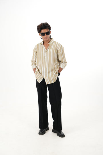 Biege Linen Striped Shirt with "Relaxed" Back Embroidery