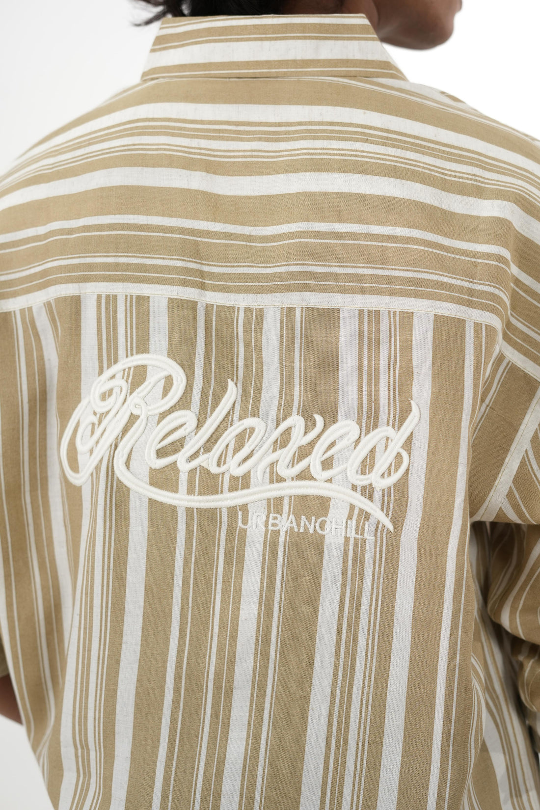 Biege Linen Striped Shirt with "Relaxed" Back Embroidery